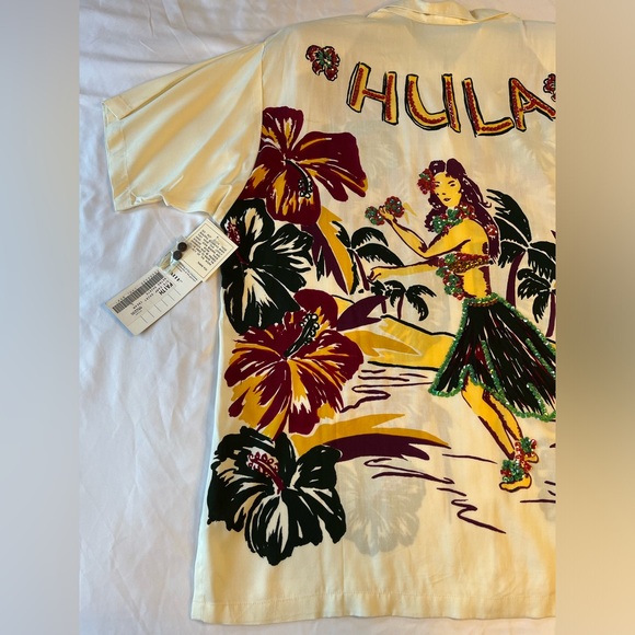 Vtg NWT FAITH Cream shirt blouse Hula Girl Hawaiian Hibiscus sequins woman’s L - Picture 10 of 11